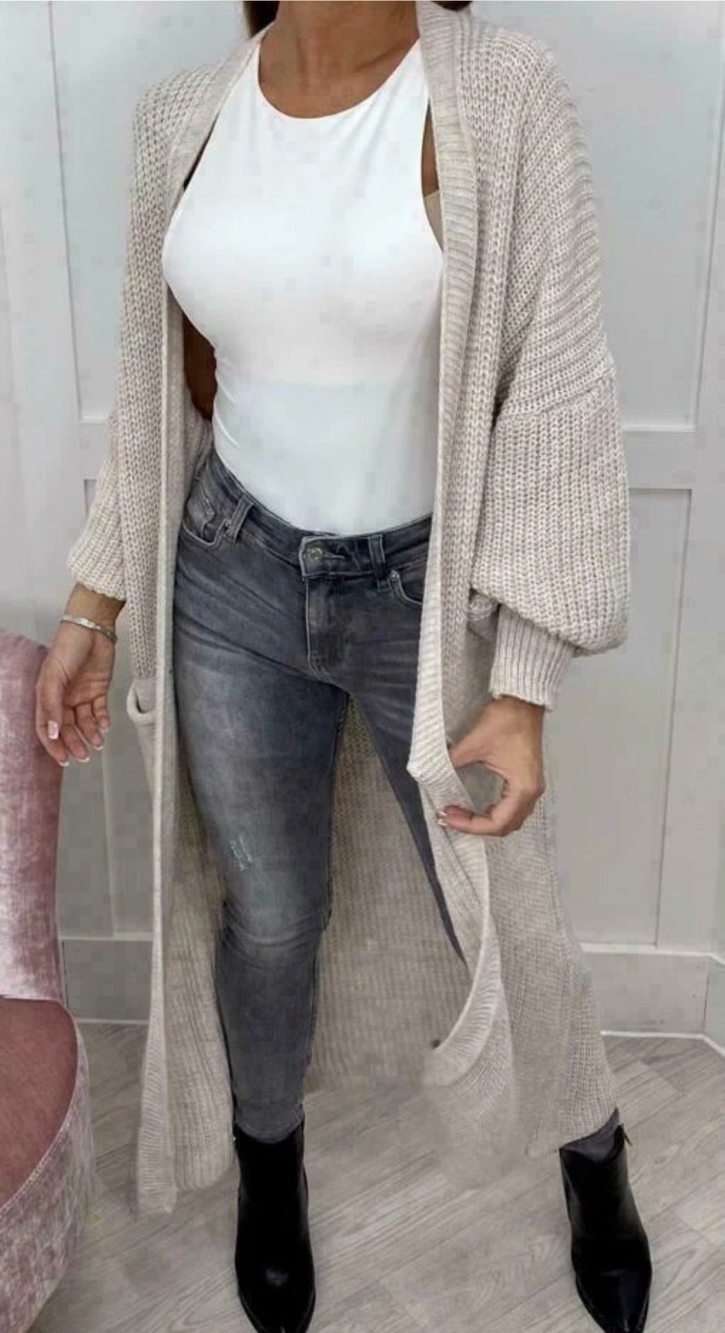 Ladies Long knitted cardigan with a textured knit look and practical pockets Lune London