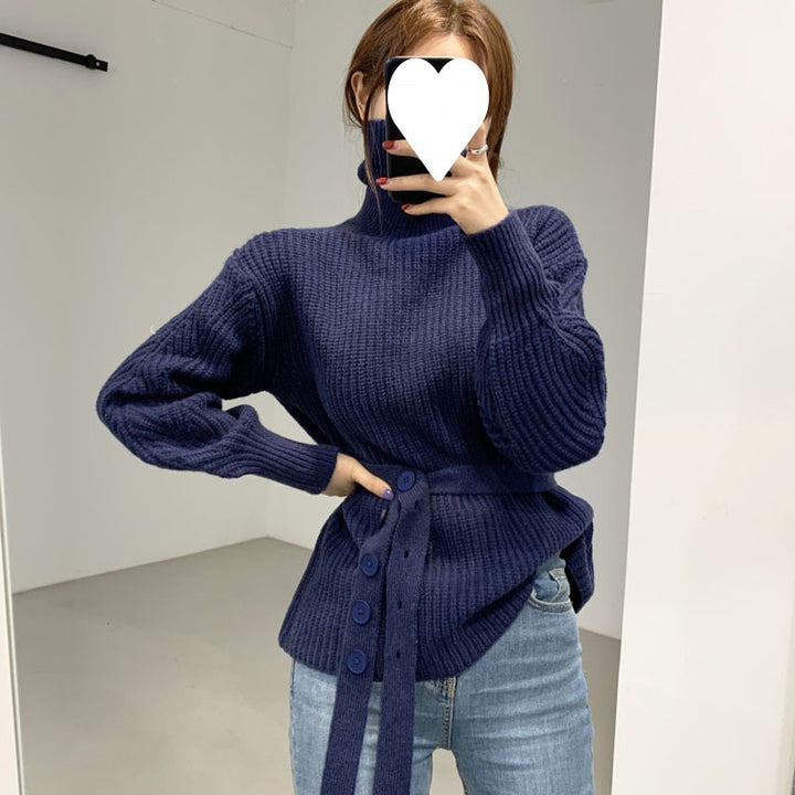 Pull en tricot épais pour femmes avec col montant et taille ceinturée Chic & Stil