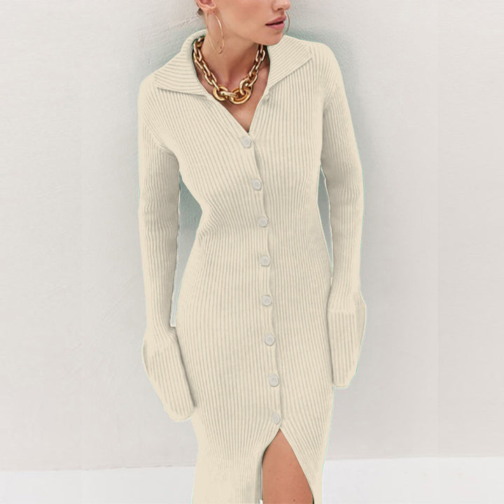 Ribbed knit dress for women with button and side bar Lune London
