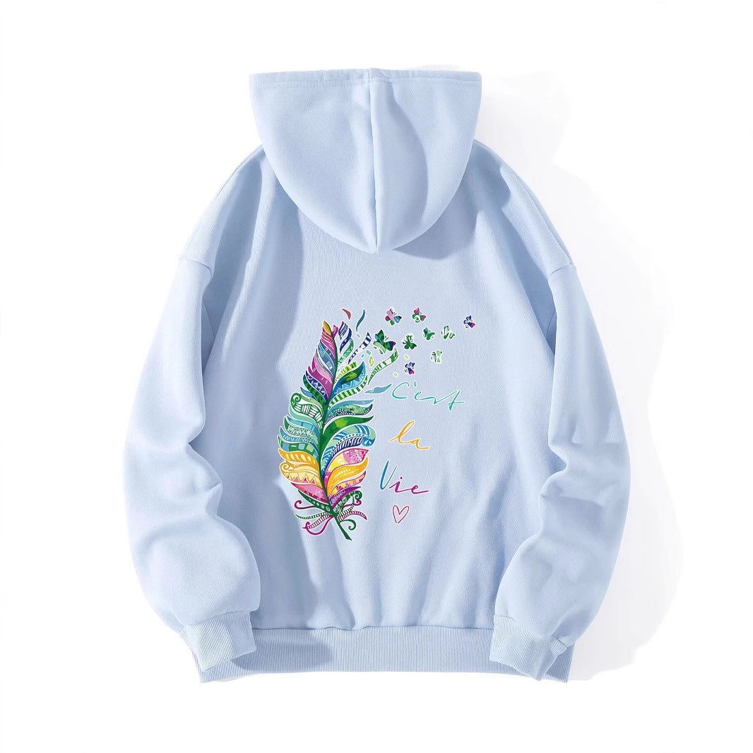 Sweat à capuche décontracté pour femmes avec un design de plumes colorées et une écriture inspirante Chic & Stil