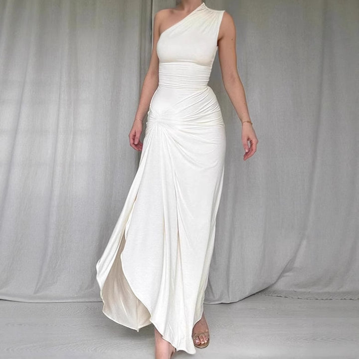 Ladies Elegant Asymmetrical Maxi Dress with Refined Draping Lune London