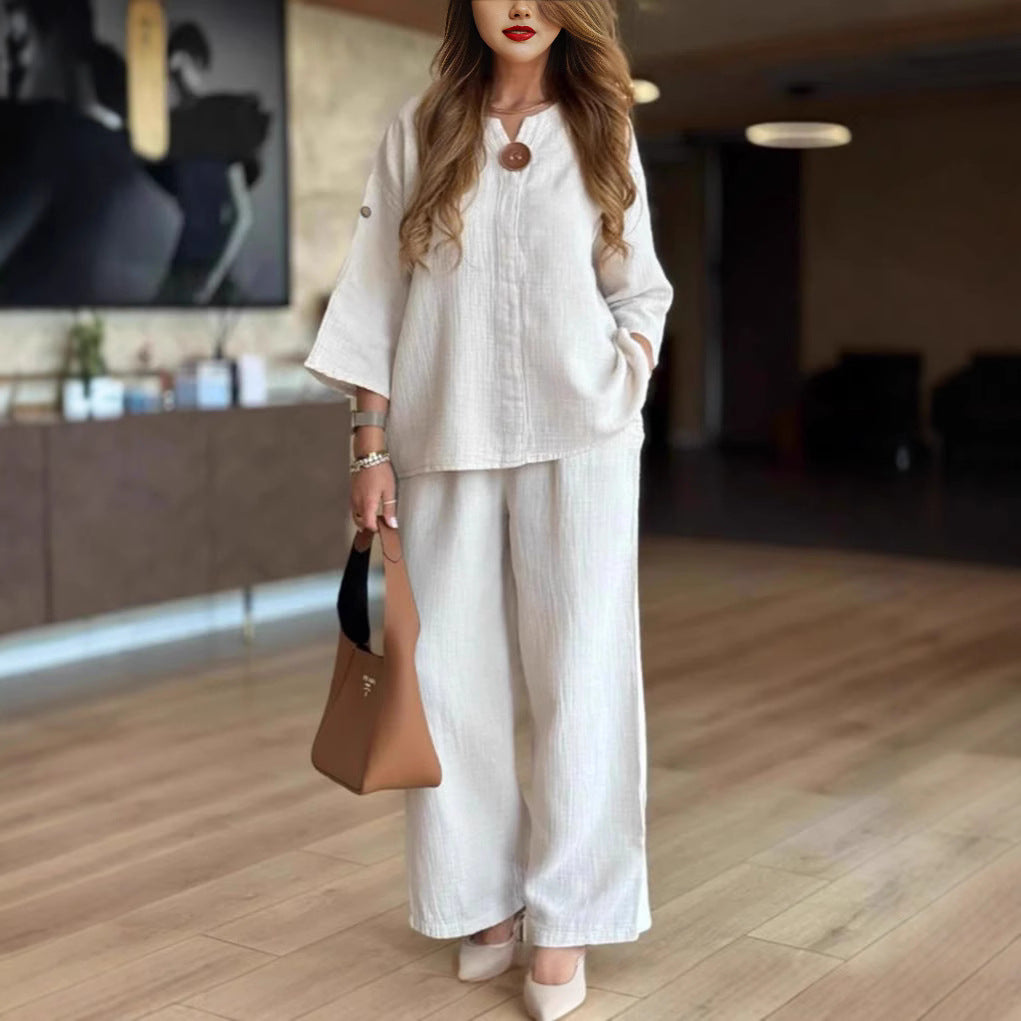 Lightweight linen two-piece clothing set for women with button details Lune London