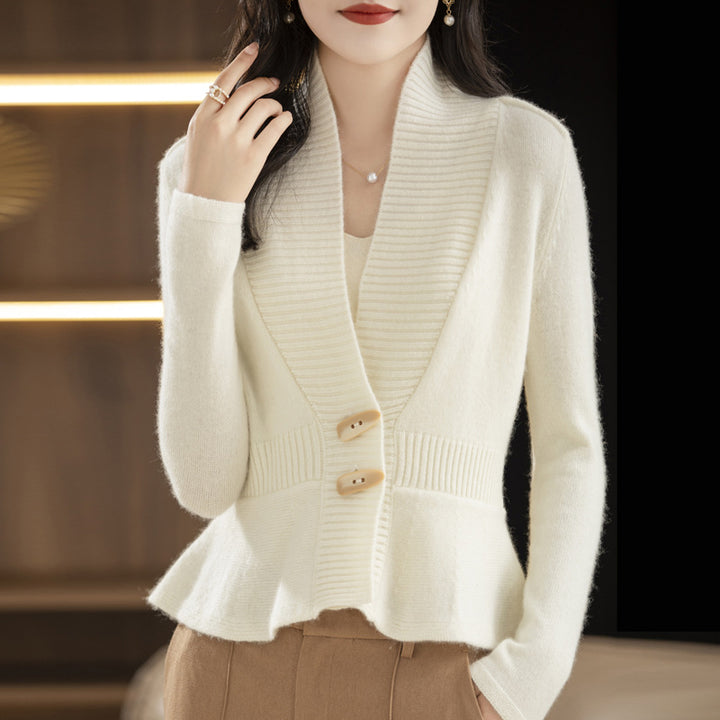 Lune London elegant woman knitted cardigan with wrapped appearance and button detail