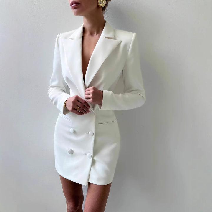 Women's blazer dress with double button design and deep V-neck Lune London