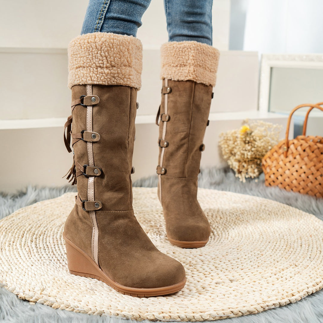 Wedge heel boots for women with cozy inner lining and stylish lace-up design Lune London