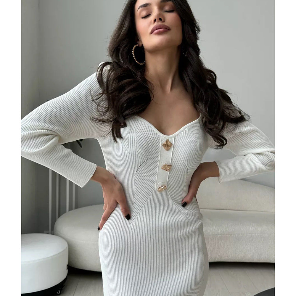 Knit dress for women with plunging neckline and elegant button details Lune London