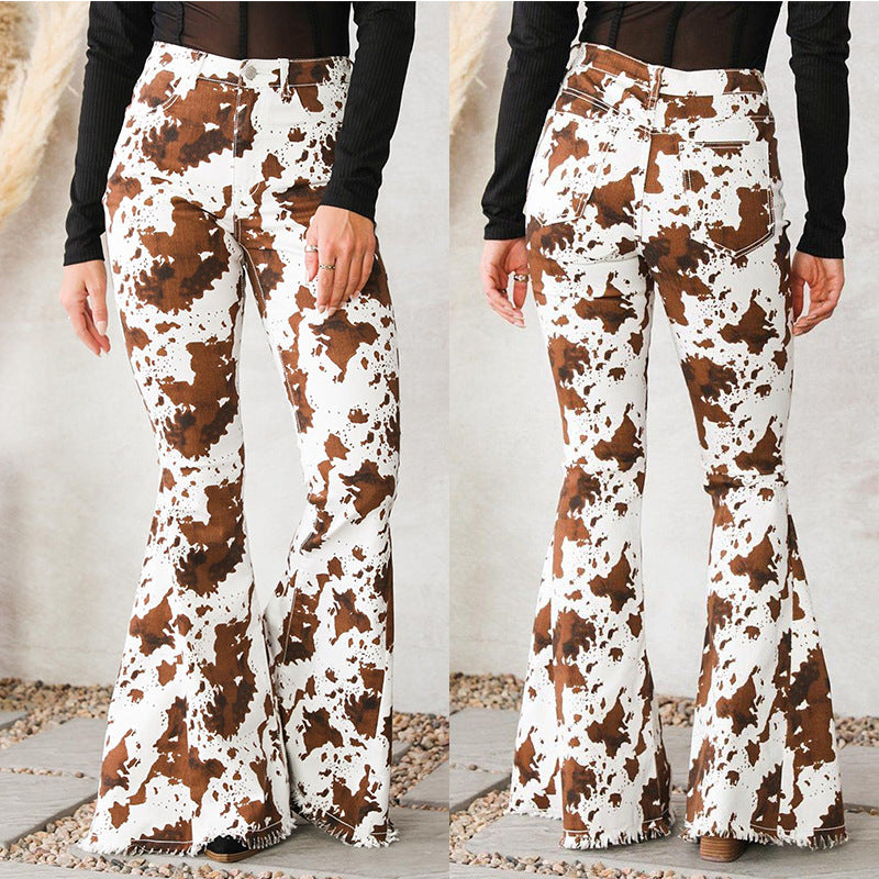 Modern design bootcut jeans for women in cow print Lune London