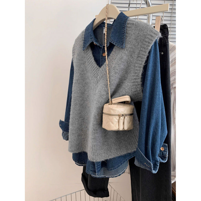 Pull en tricot à col en V stylé pour femmes avec superposition en denim décontractée