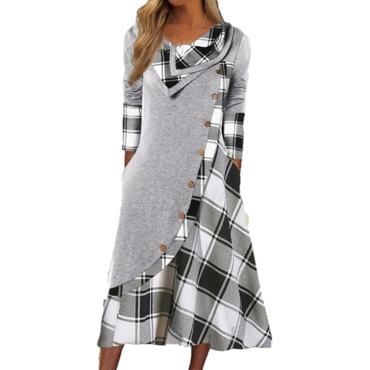 Lune London | Plaid Split Button Pocket Stacked Collar Long Sleeve Dress