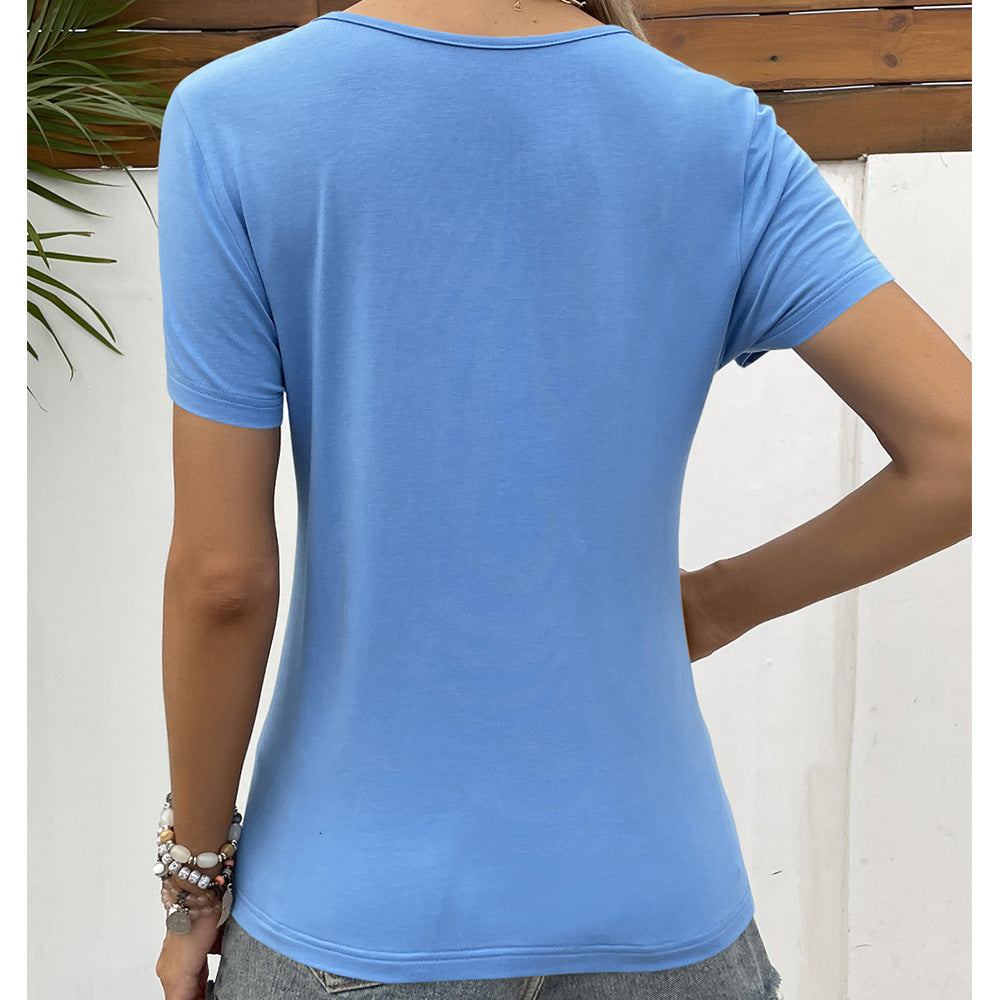 V neck t-shirt for women with lace and wooden button detail Lune London