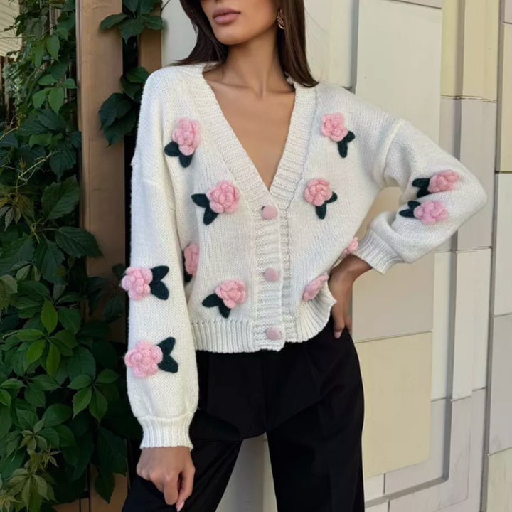 Ladies knit cardigan with strawberry appliqués Lune London