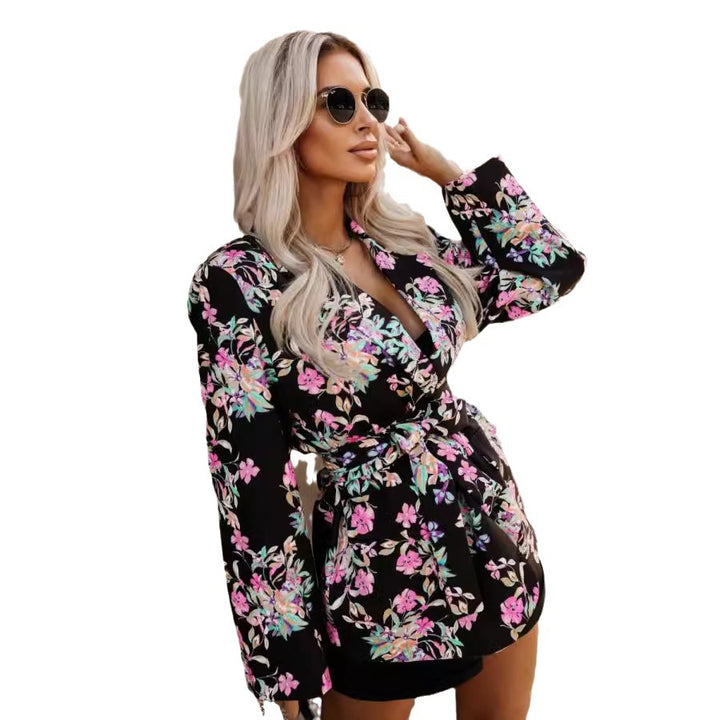 Ladies Elegant Blazer Jacket with Animal Print and Belted Waist Lune London