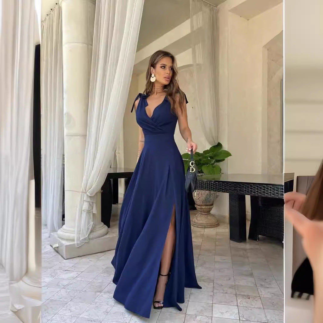 Elegant maxi dress for women with side slit and tie-up straps Lune London