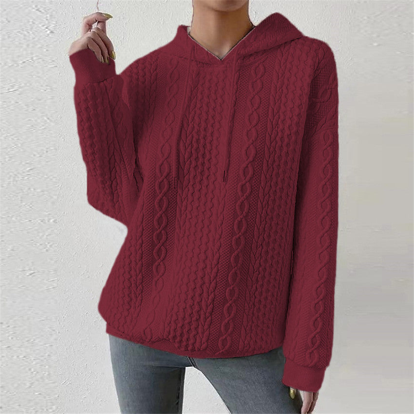 High-quality knit sweater for women with hood and decorative cable pattern Lune London