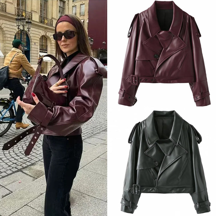 Cool cropped faux leather jacket for women with asymmetric collar and trendy design Lune London