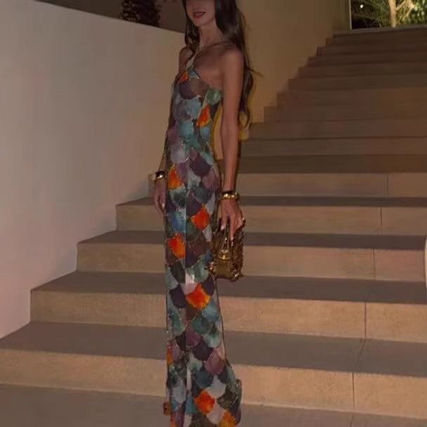 Maxi dress for women in fluid chiffon with marine scale pattern Lune London