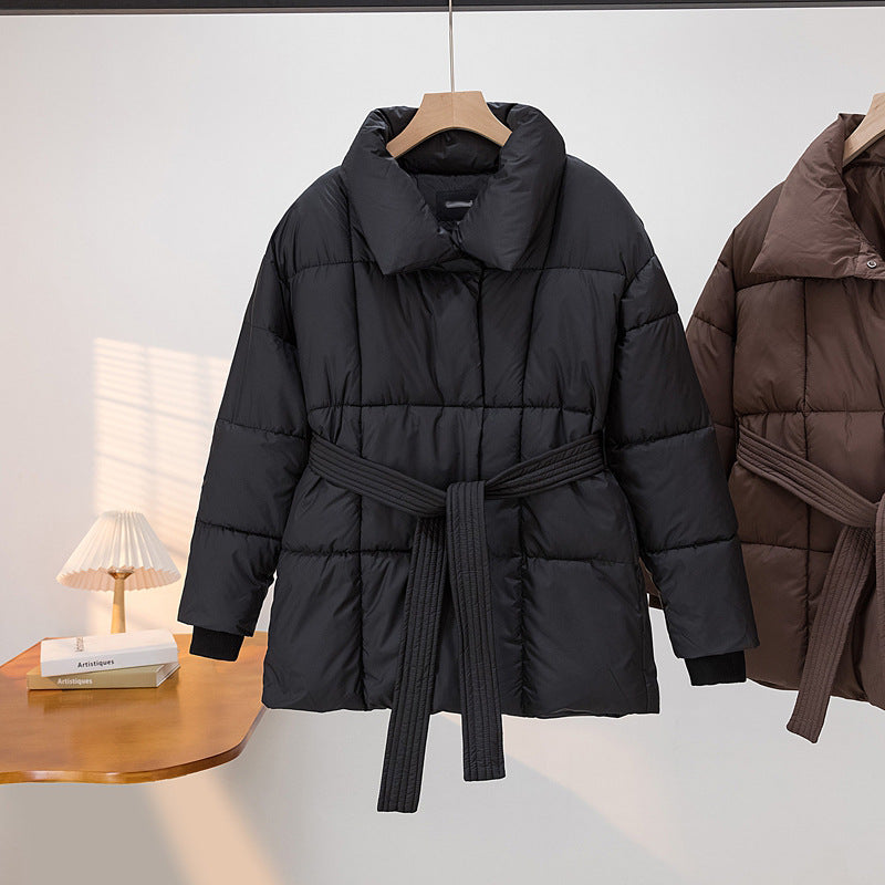 Ladies Quilted Jacket with Belt and Elegant Chic Collar Shape