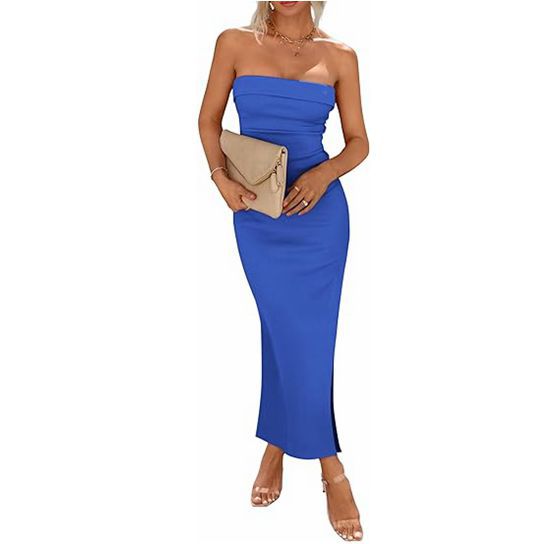 Fitted maxi dress for women with strapless design and high slit Lune London