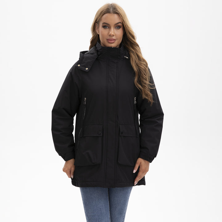Functional jacket for women with removable hood and practical pockets Lune London