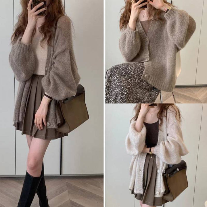 Ladies Cozy Knit Pullover with Voluminous Sleeves and Button Details Lune London