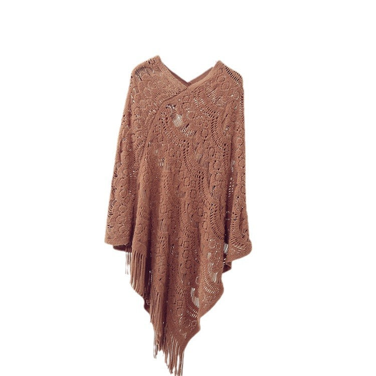 Knit poncho for women with an eye-catching crochet pattern and fashionable fringes Lune London
