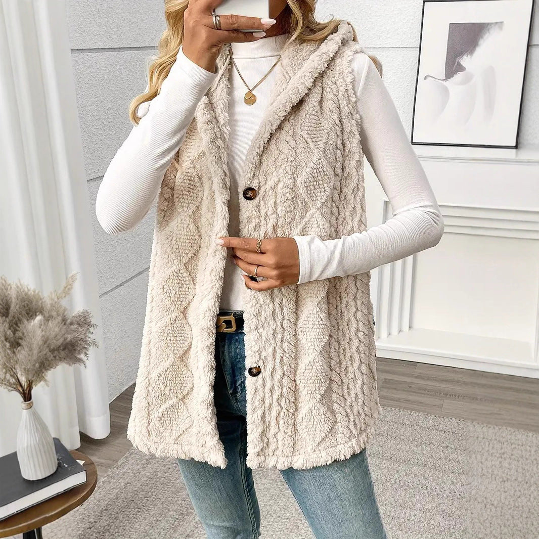 Ladies cozy knit vest with hood and button closure Lune London