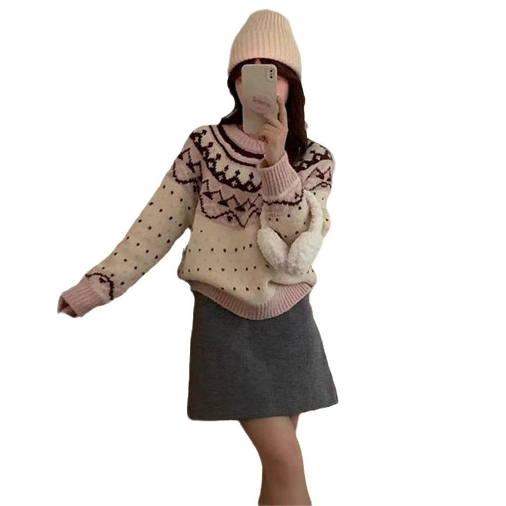 Knitted sweater for women with graphic Norwegian pattern and high round neckline Lune London