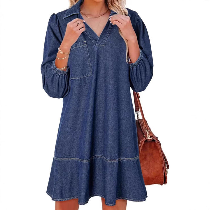 Denim dress for women with voluminous sleeves and a side pocket Lune London