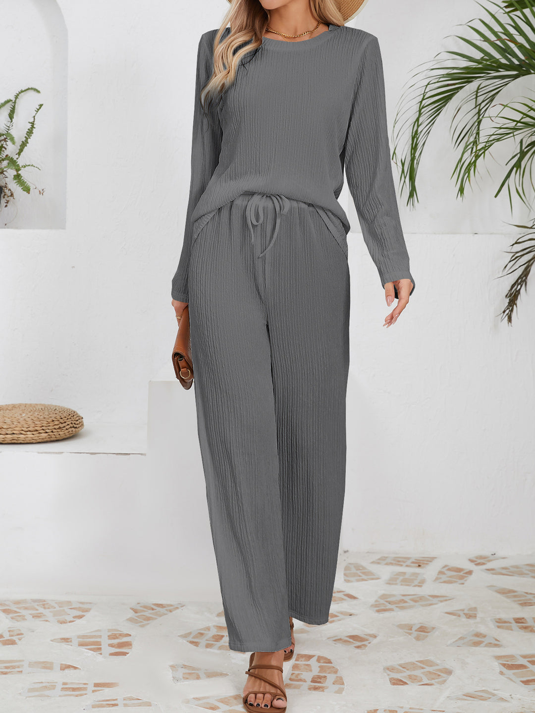 Ensemble décontracté confortable pour femmes avec texture côtelée et taille élastique Chic & Stil