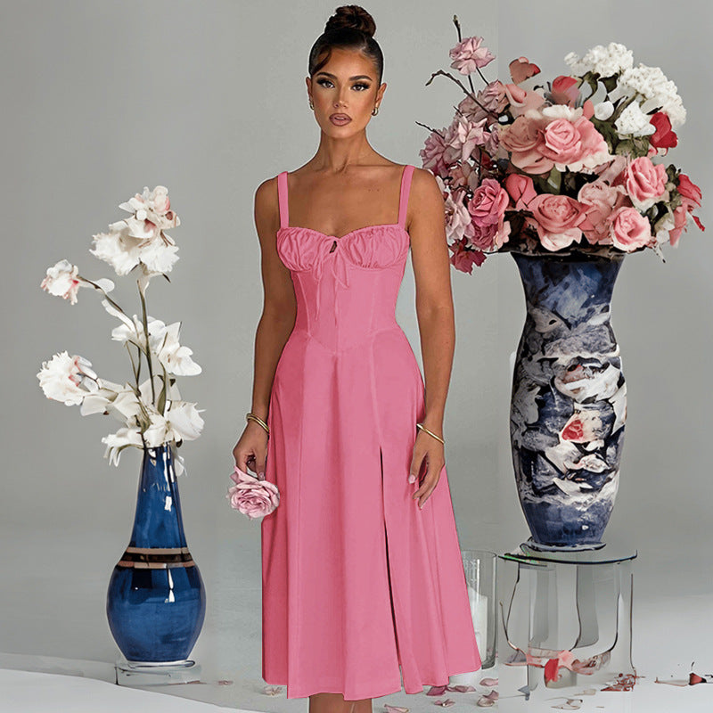 Elegant Midi Dress for Women with Deep V Neck and Chic & Stylish Refined Waist Element