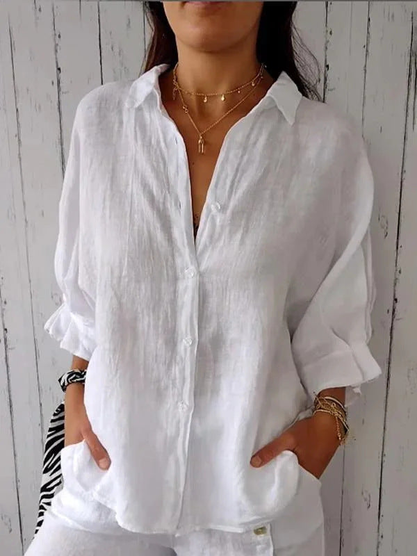 Women Casual Linen Blouse with Loose Fit and Button Placket Lune London