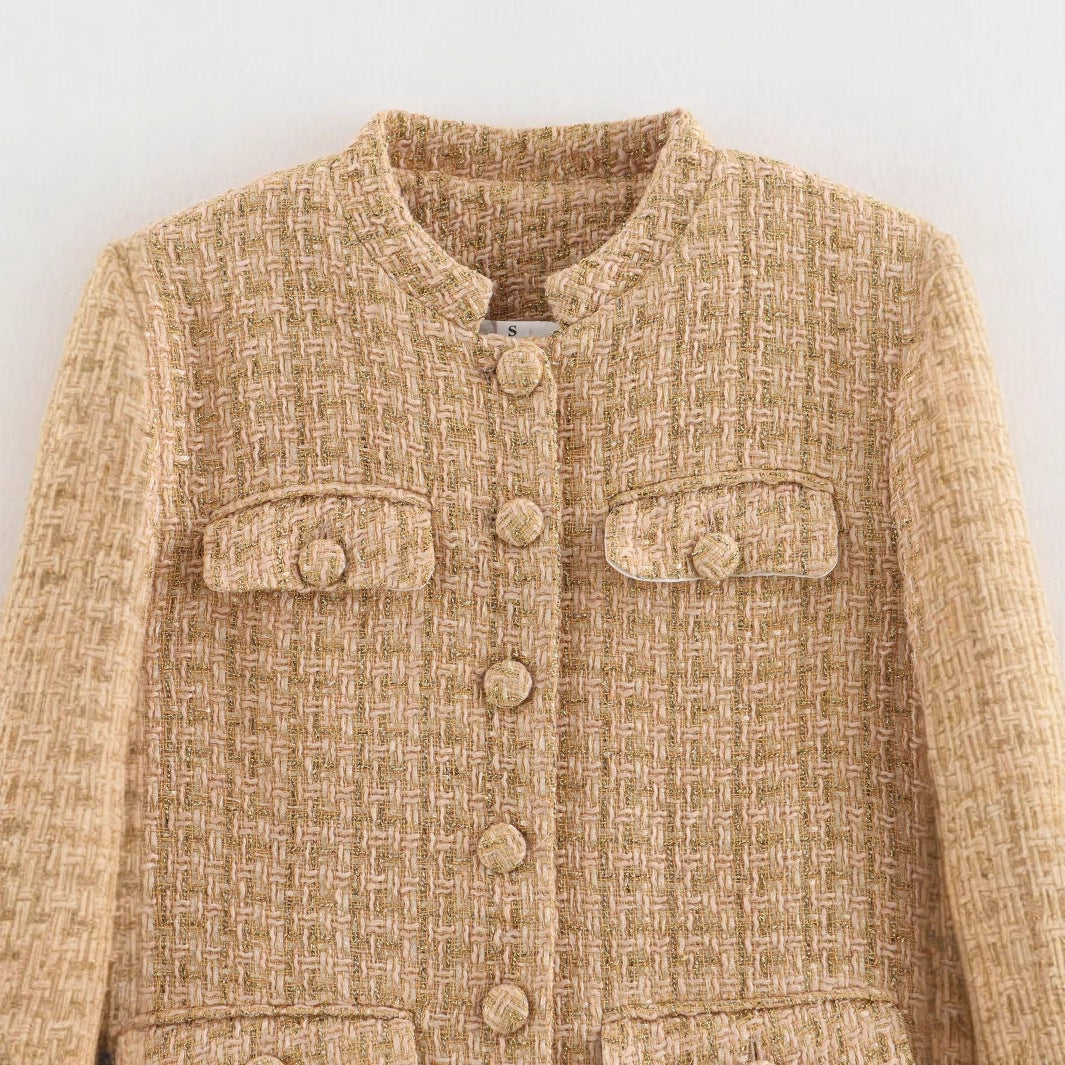 Elegant blazer jacket for women in classic style made of tweed with chic and stylish button details