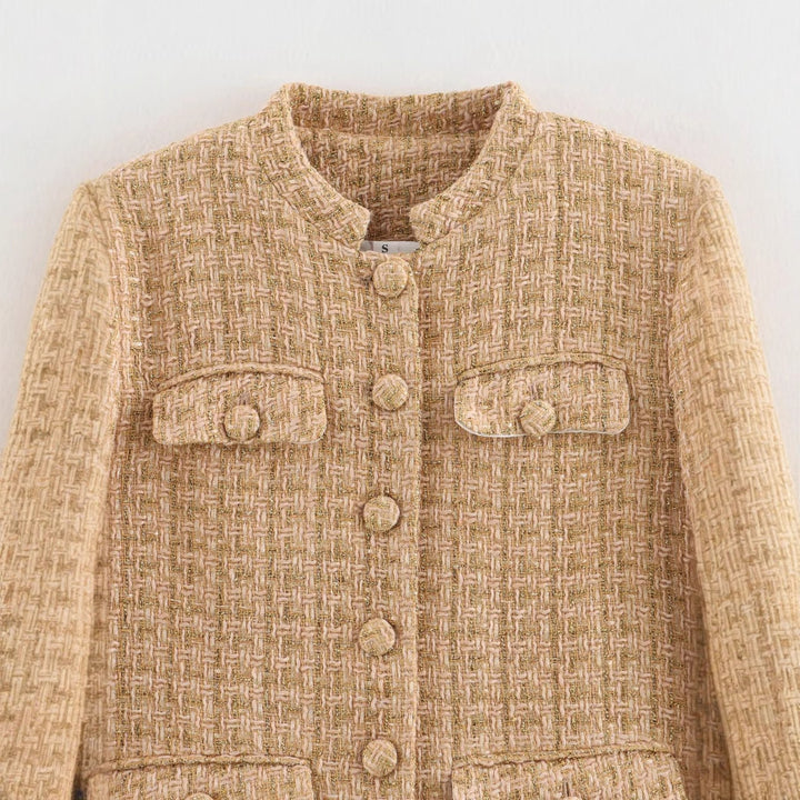 Elegant blazer jacket for women in classic style made of tweed with chic and stylish button details