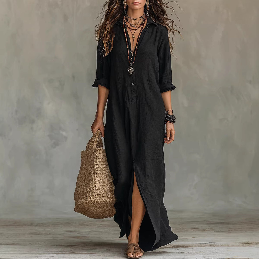 Women's Long Shirt Dress with Button Closure and Side Slit Lune London