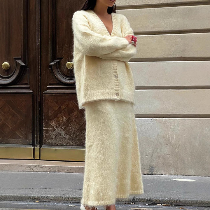 Ladies cozy sweater and midi skirt set Lune London