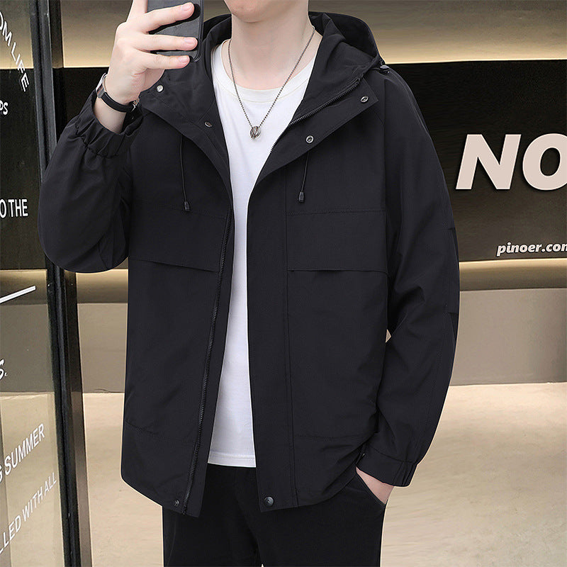 Lightweight transition jacket for men with functional pockets and adjustable hood Lune London