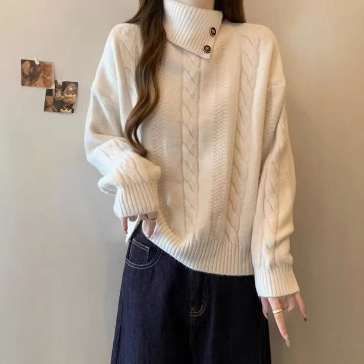 Sweater en tricot épais pour femmes avec col montant et détails en boutons Chic & Stil
