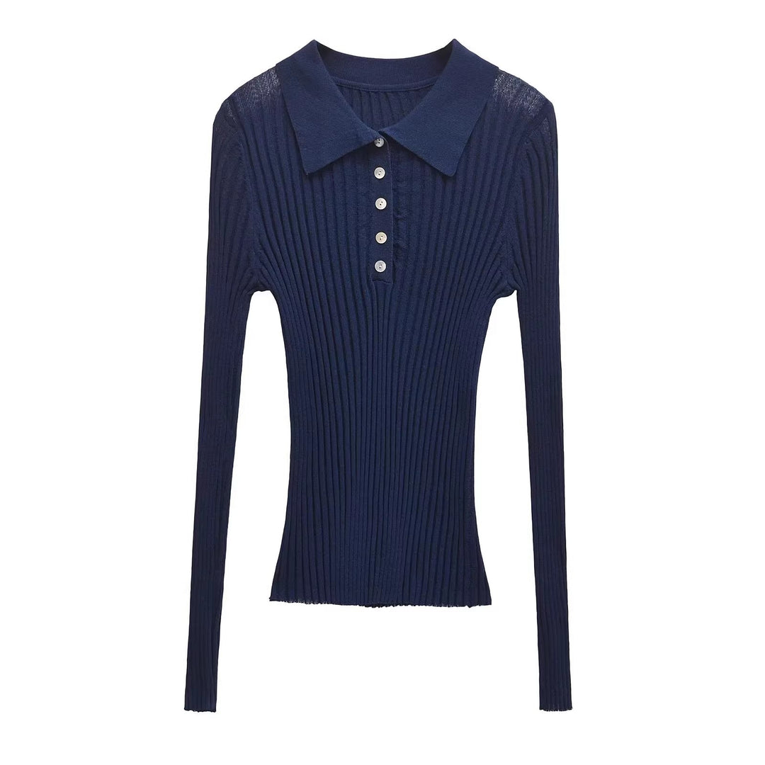 Women Long Sleeve Polo Shirt with an elegant rib structure and button placket Lune London
