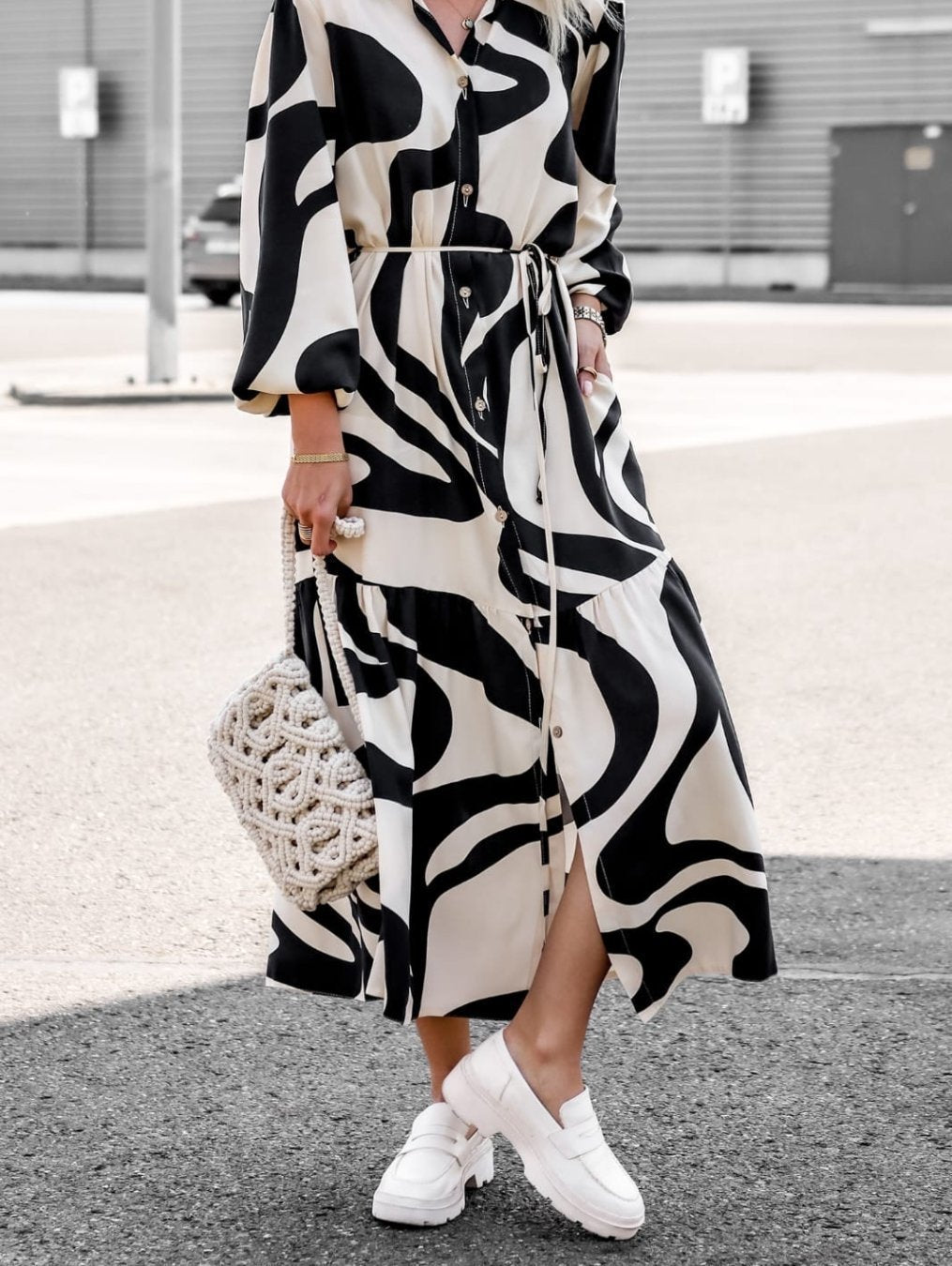 Women's Long Sleeve Dress with Sophisticated Graphic Design and Elegant Waist Belt Lune London