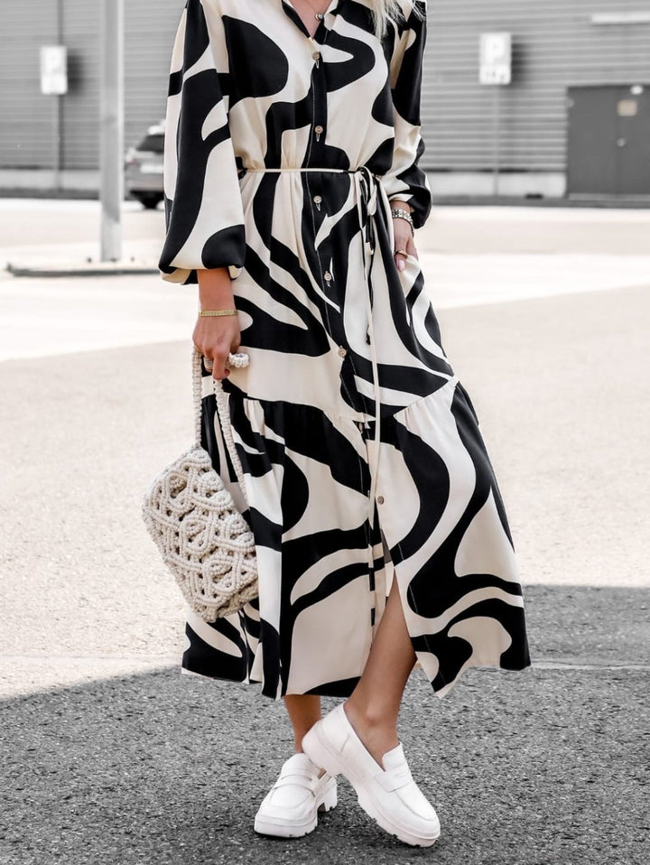 Women's Long Sleeve Dress with Sophisticated Graphic Design and Elegant Waist Belt Lune London