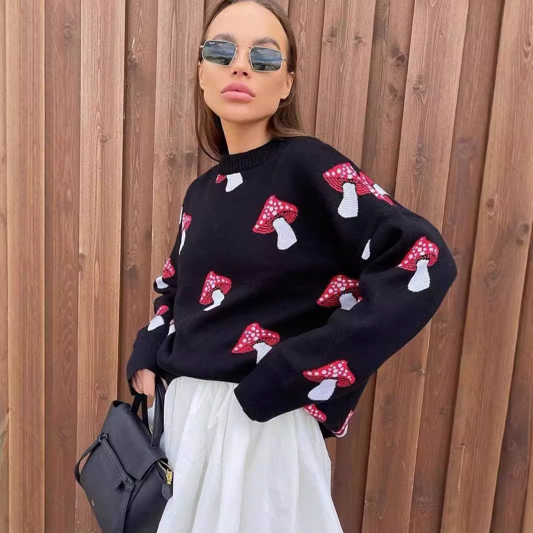 Knitted sweater for ladies with playful mushroom pattern Lune London