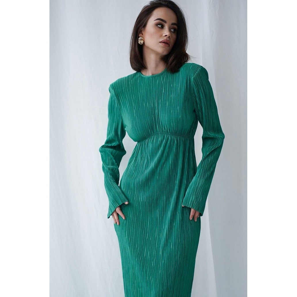 Women Elegant Maxi Dress with Structured Pleats and Long Sleeves Lune London