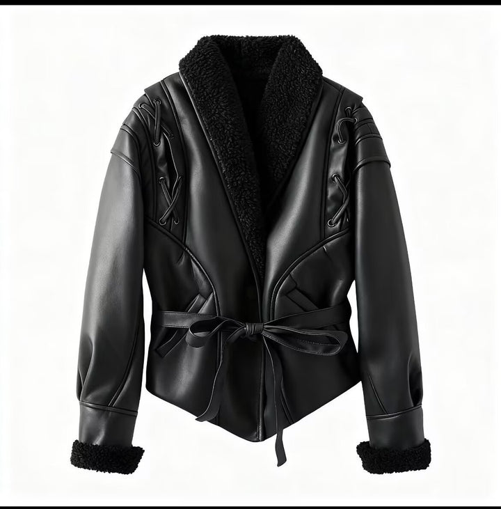 Veste en faux cuir pour femmes avec doublure en teddy luxueuse et détails de lacets artistiques Chic & Stil