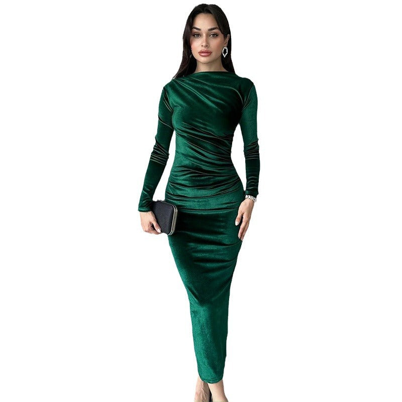 Ladies Elegant Long Sleeve Ruched Maxi Dress Lune London