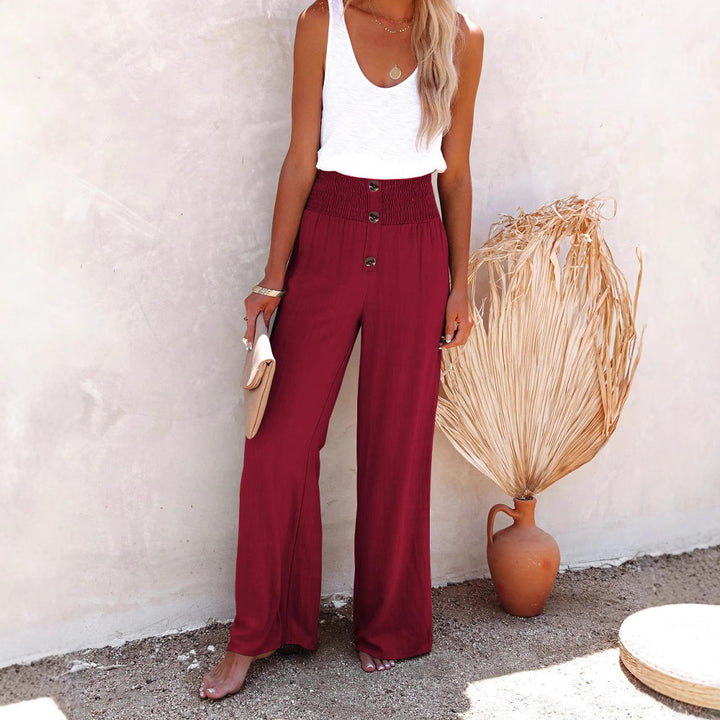 Lune London Women's Wide Palazzo Pants with Button Detail and Elastic Waist