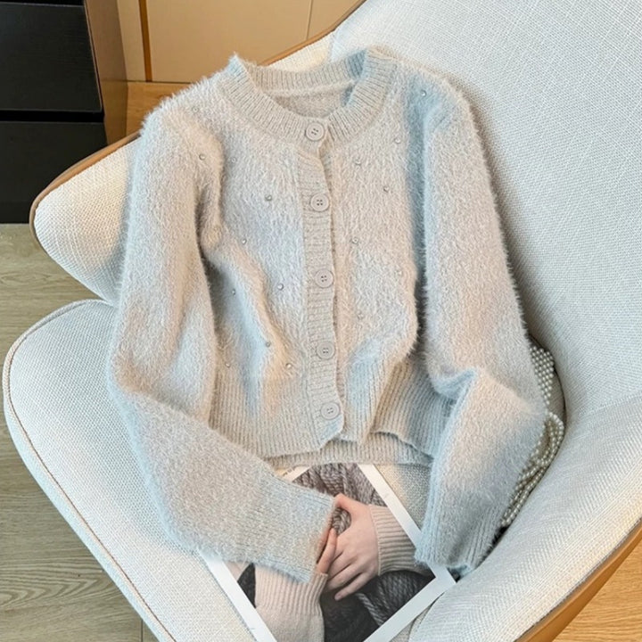 Elegant ladies knit cardigan with trendy pearl accents Lune London