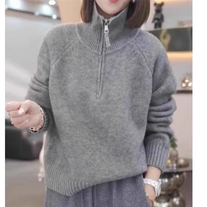 Knit sweater for women with high collar and practical zipper Lune London