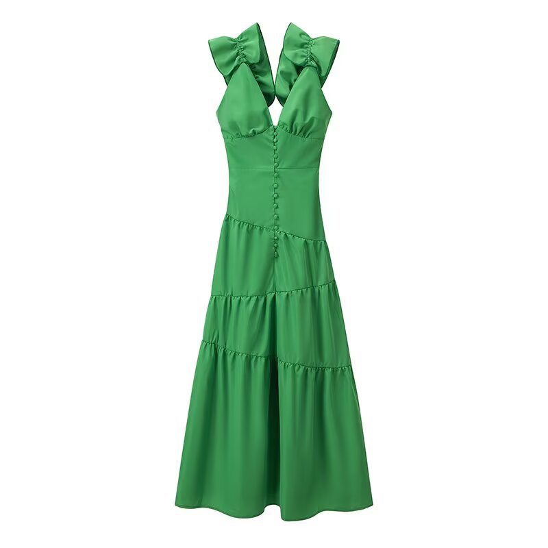 Maxi dress for women with a floating ruffle design and an elegant V neck Lune London