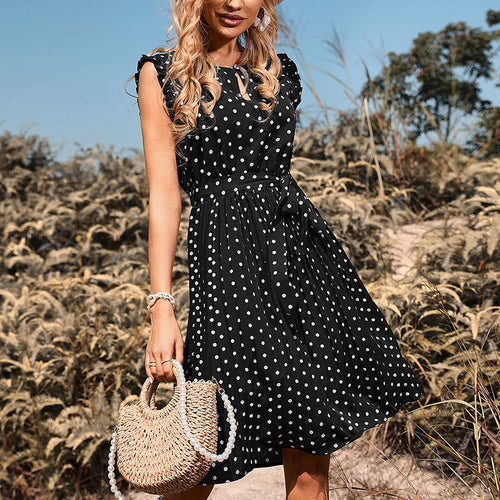A-line polka dot dress for women with adjustable tie belt Lune London