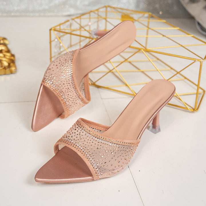Women Glamour Mules with sparkling rhinestones and a chic and transparent upper Lune London